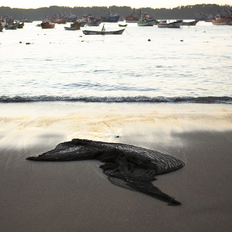 Discarded fishing nets are collected from commercial fishing ports in Chile